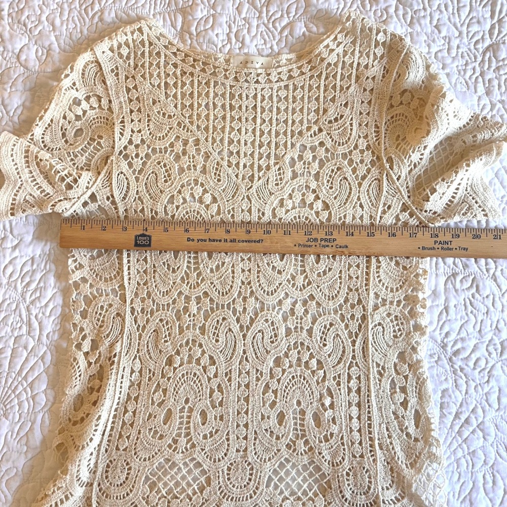 Adiva Cream Crochet Lace Short Sleeve Top Ivory Boho Festival Scalloped Hem Med - Picture 3 of 8